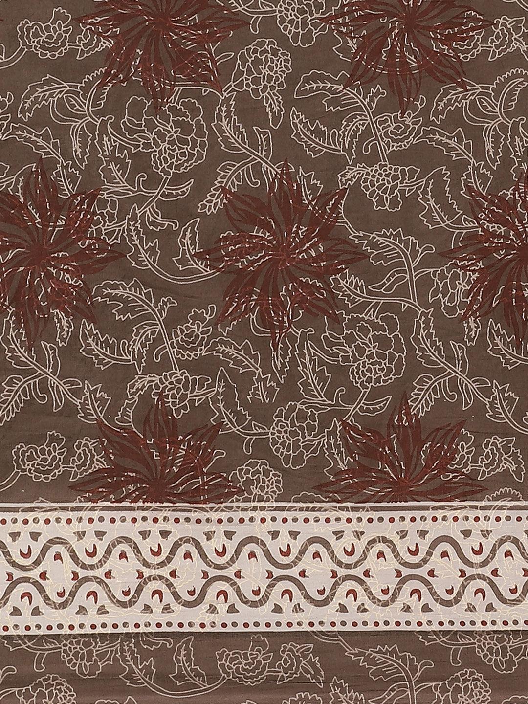 Brown Printed Cotton Saree - ShopLibas
