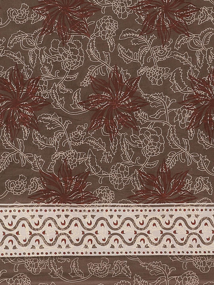 Brown Printed Cotton Saree - ShopLibas