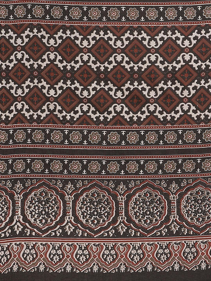Brown Printed Cotton Saree - ShopLibas