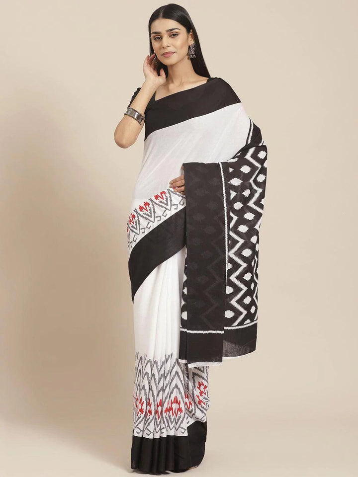 White Printed Cotton Saree - ShopLibas