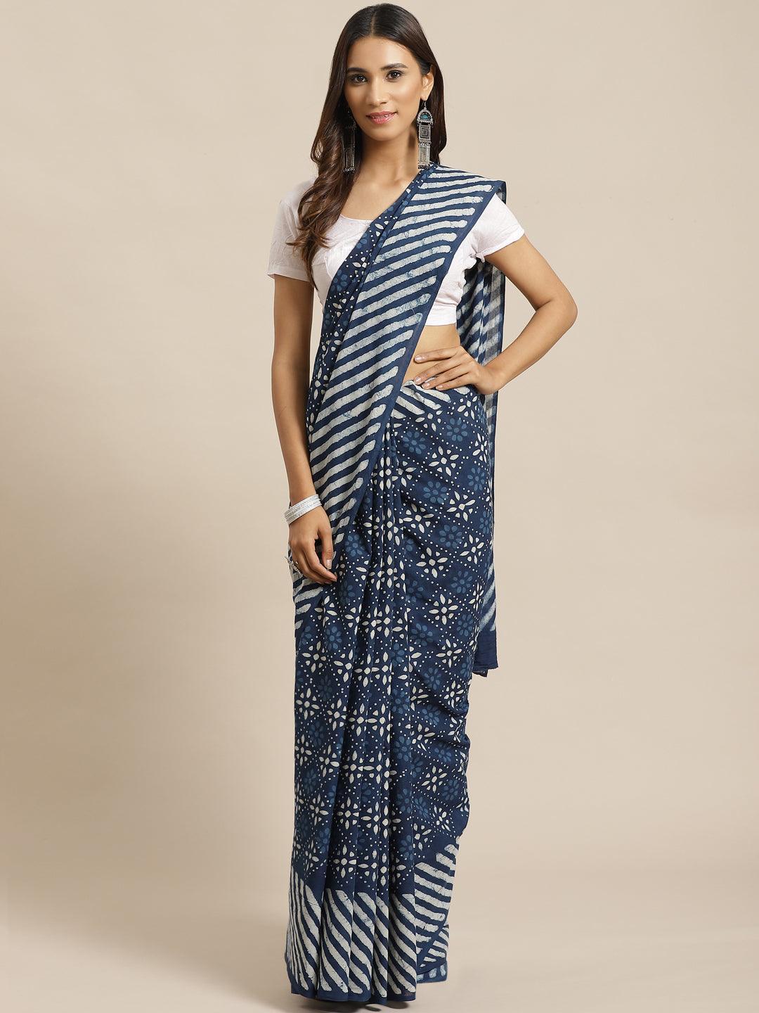Blue Printed Cotton Saree - ShopLibas