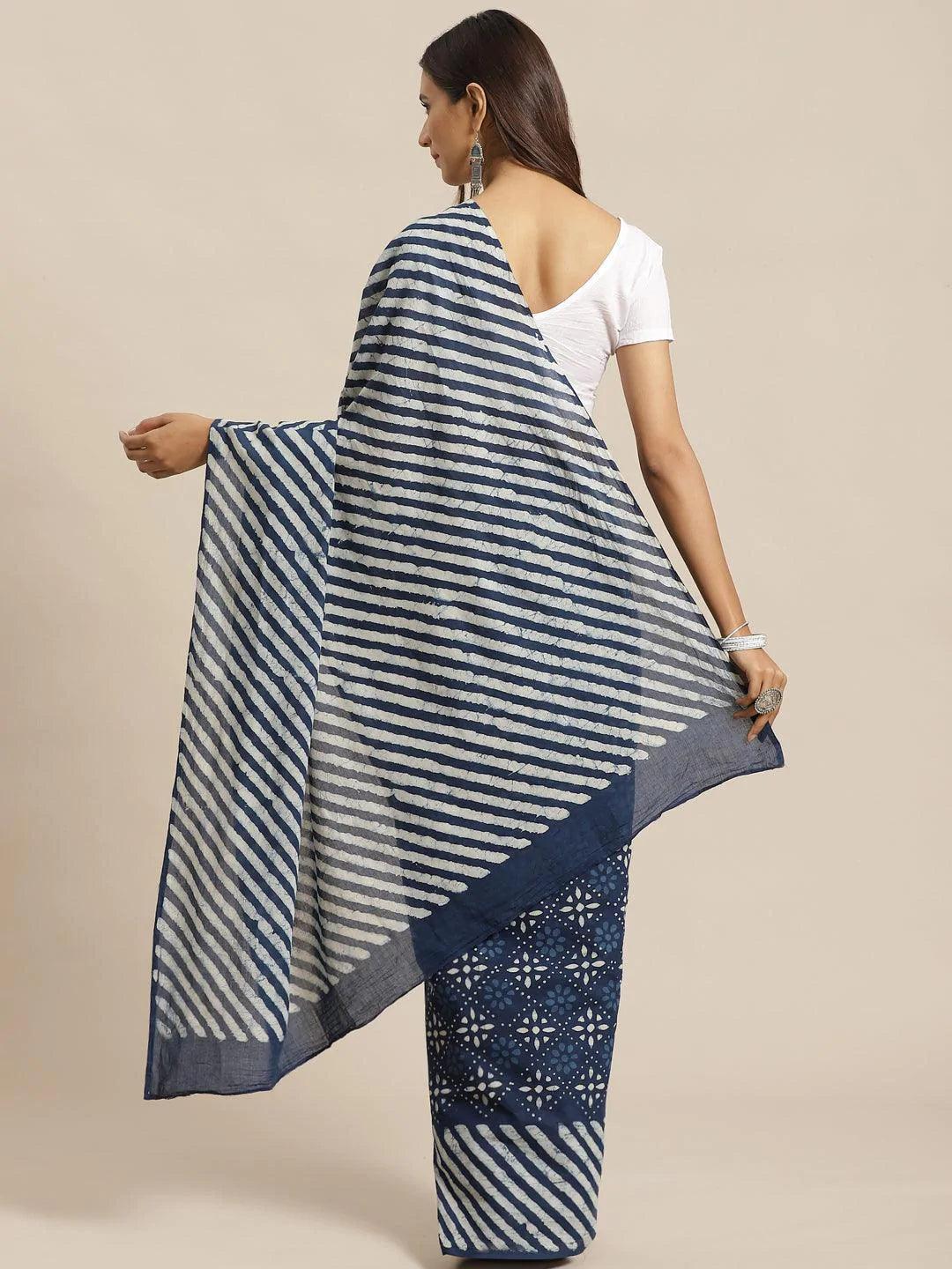 Blue Printed Cotton Saree - ShopLibas