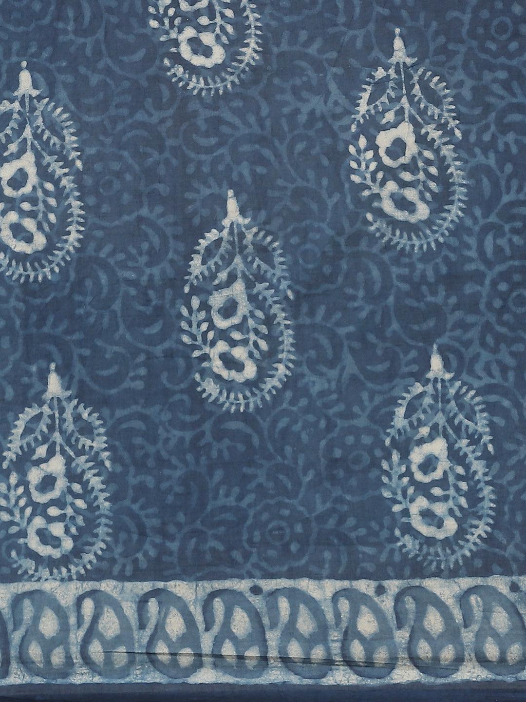 Blue Printed Cotton Saree - ShopLibas