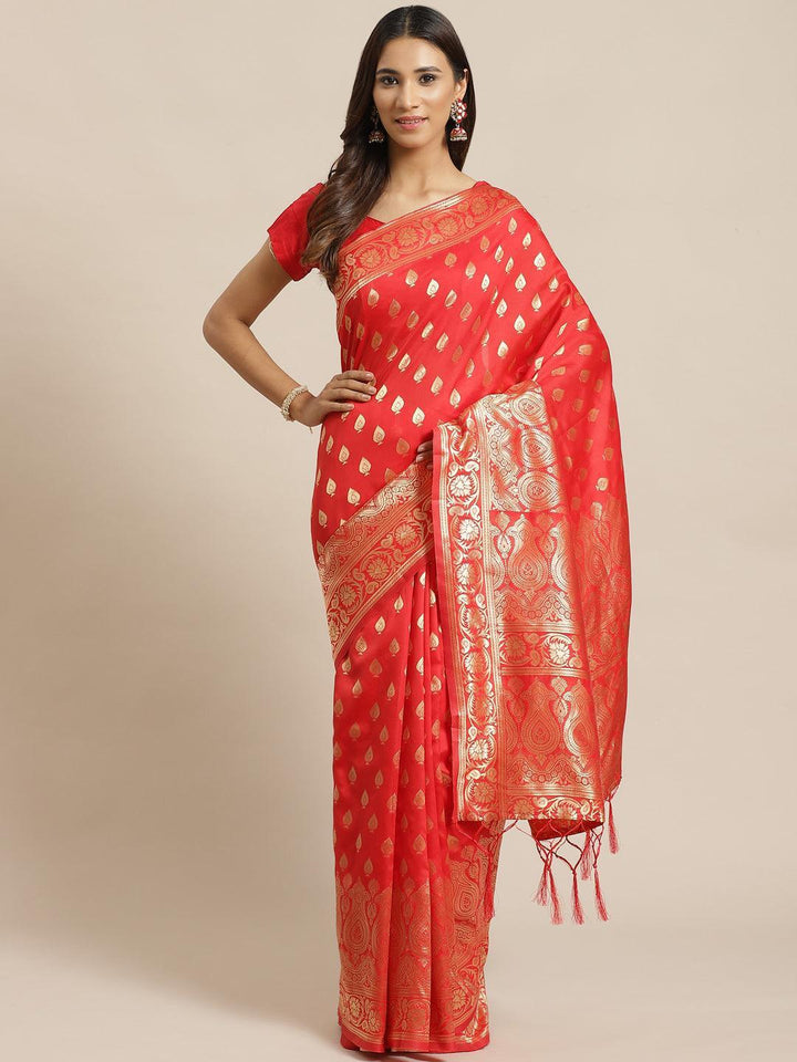 Red Woven Design Silk Saree - ShopLibas