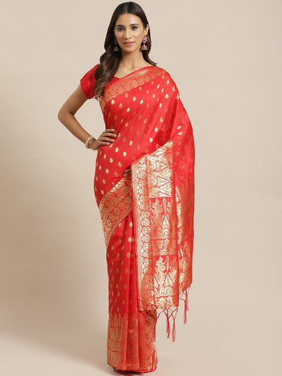 Red Woven Design Silk Saree - ShopLibas