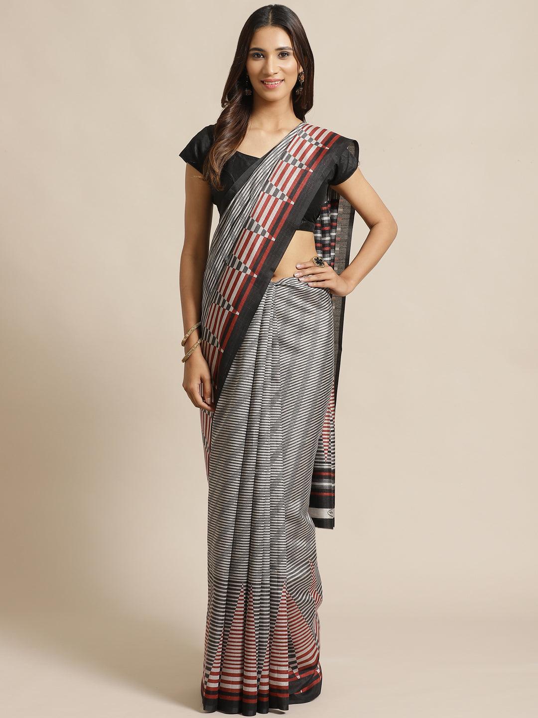Black Striped Silk Blend Saree - ShopLibas