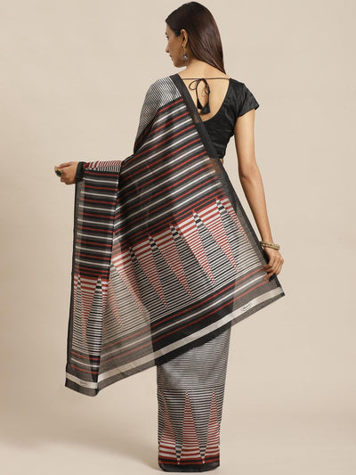 Black Striped Silk Blend Saree - ShopLibas