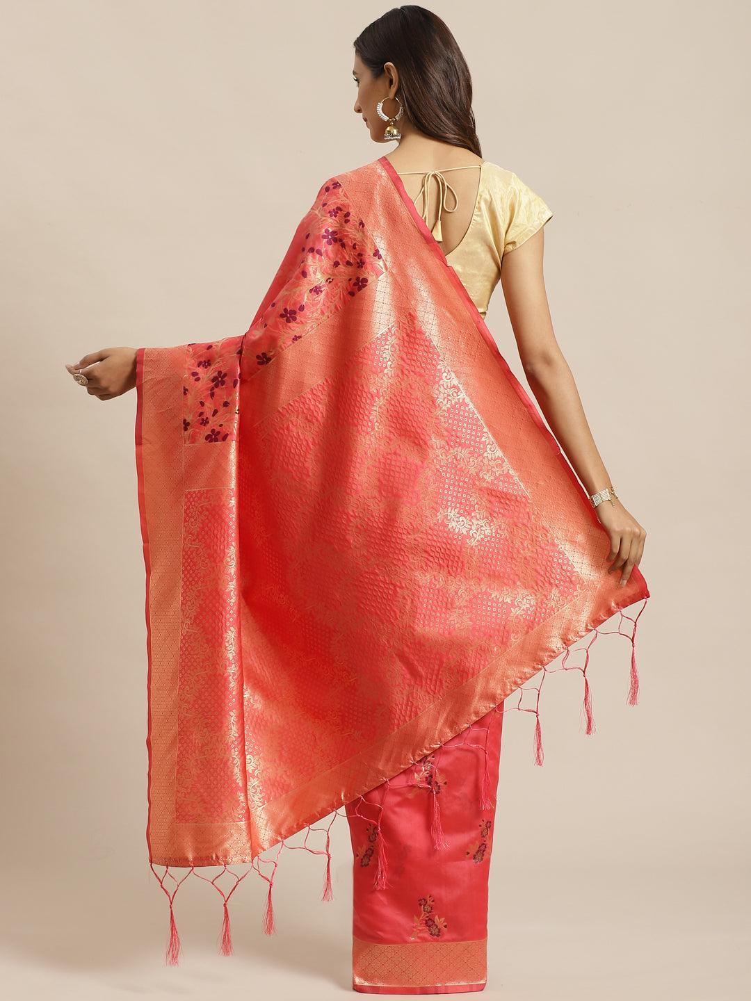 Pink Woven Design Silk Saree - ShopLibas