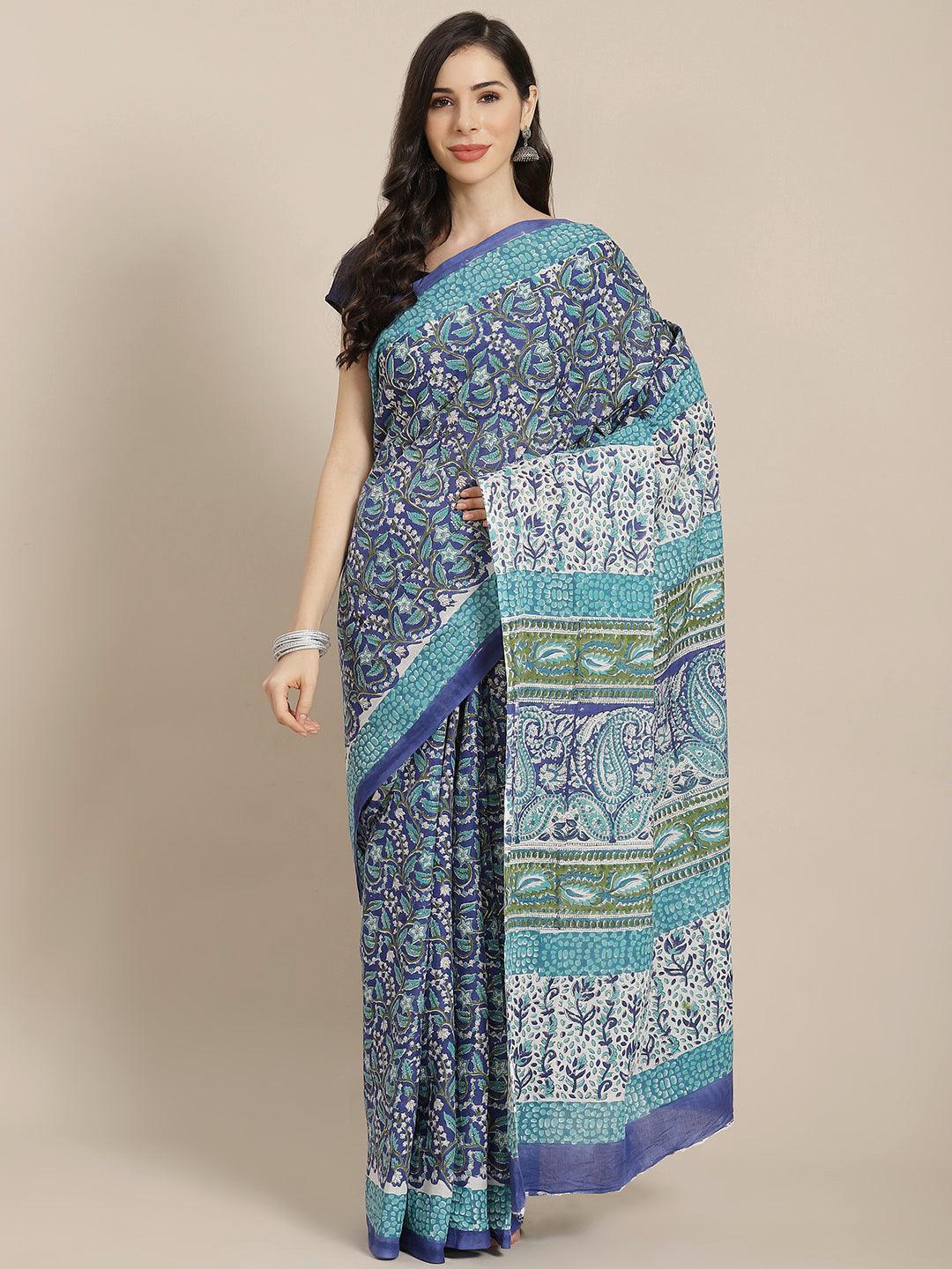 Blue Printed Cotton Saree - ShopLibas