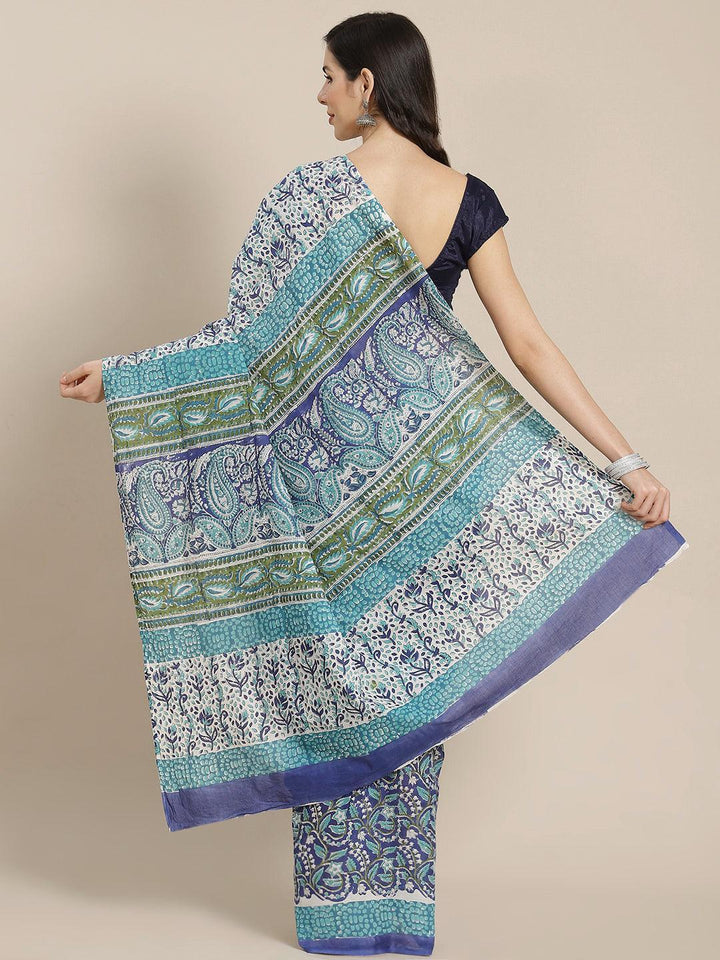 Blue Printed Cotton Saree - ShopLibas