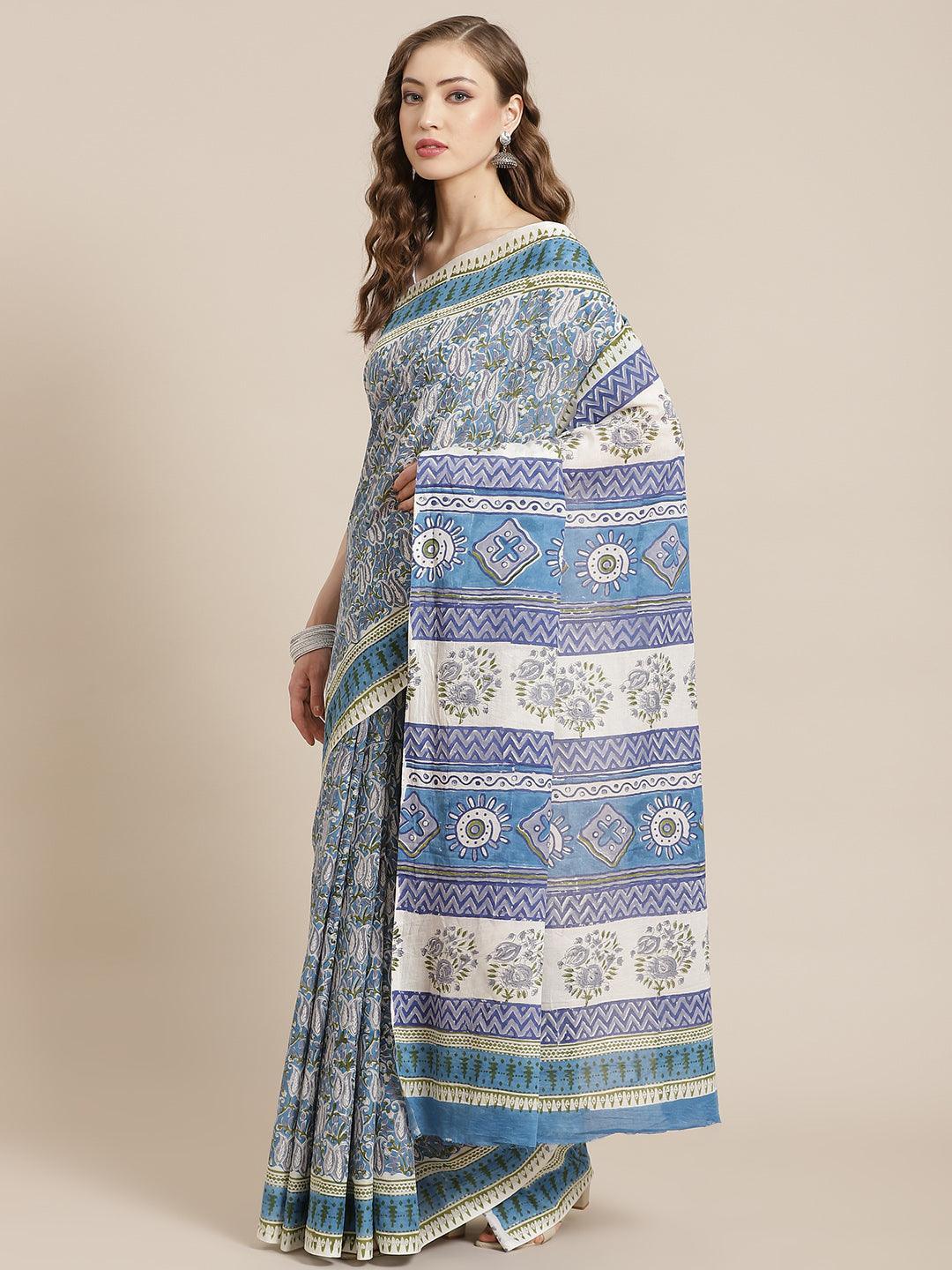 Blue Printed Cotton Saree - ShopLibas