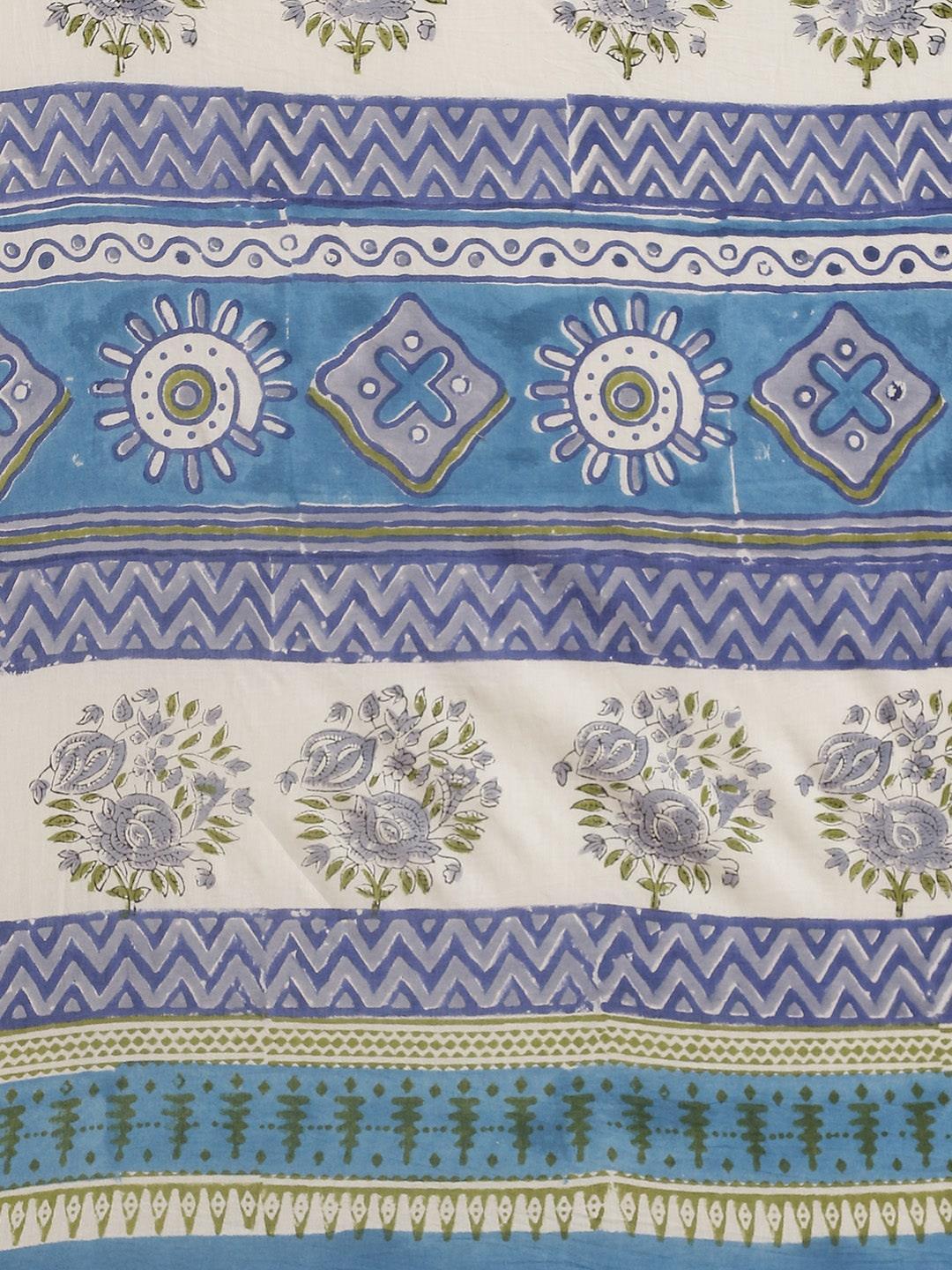 Blue Printed Cotton Saree - ShopLibas