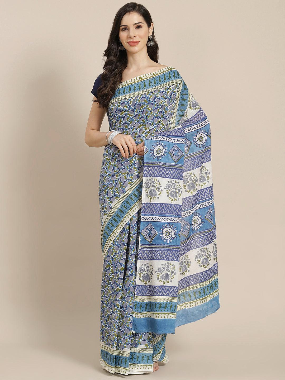 Blue Printed Cotton Saree - ShopLibas