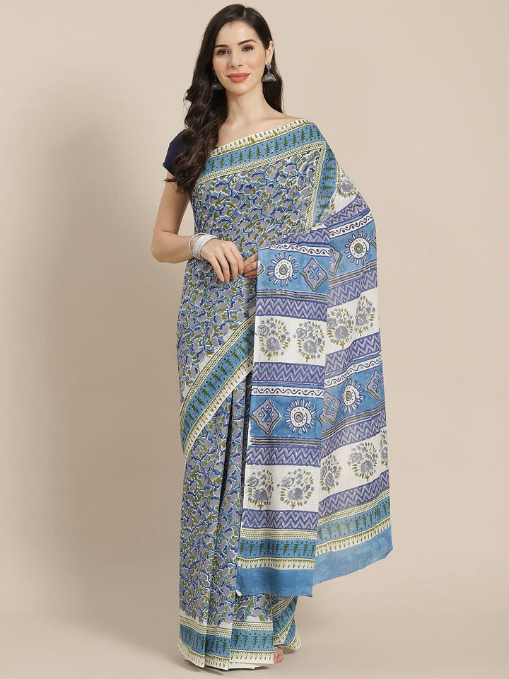 Blue Printed Cotton Saree - ShopLibas