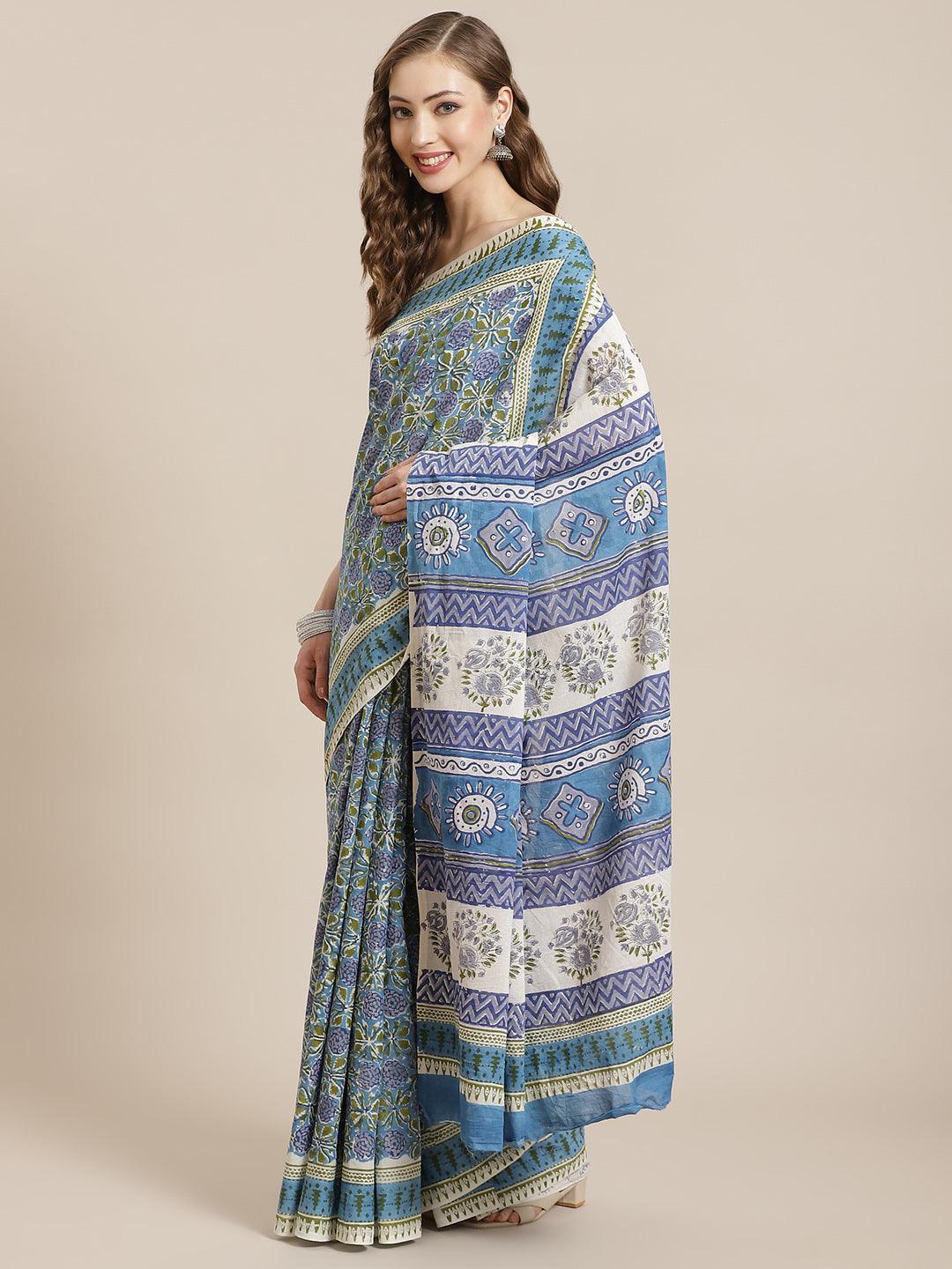 Blue Printed Cotton Saree - ShopLibas