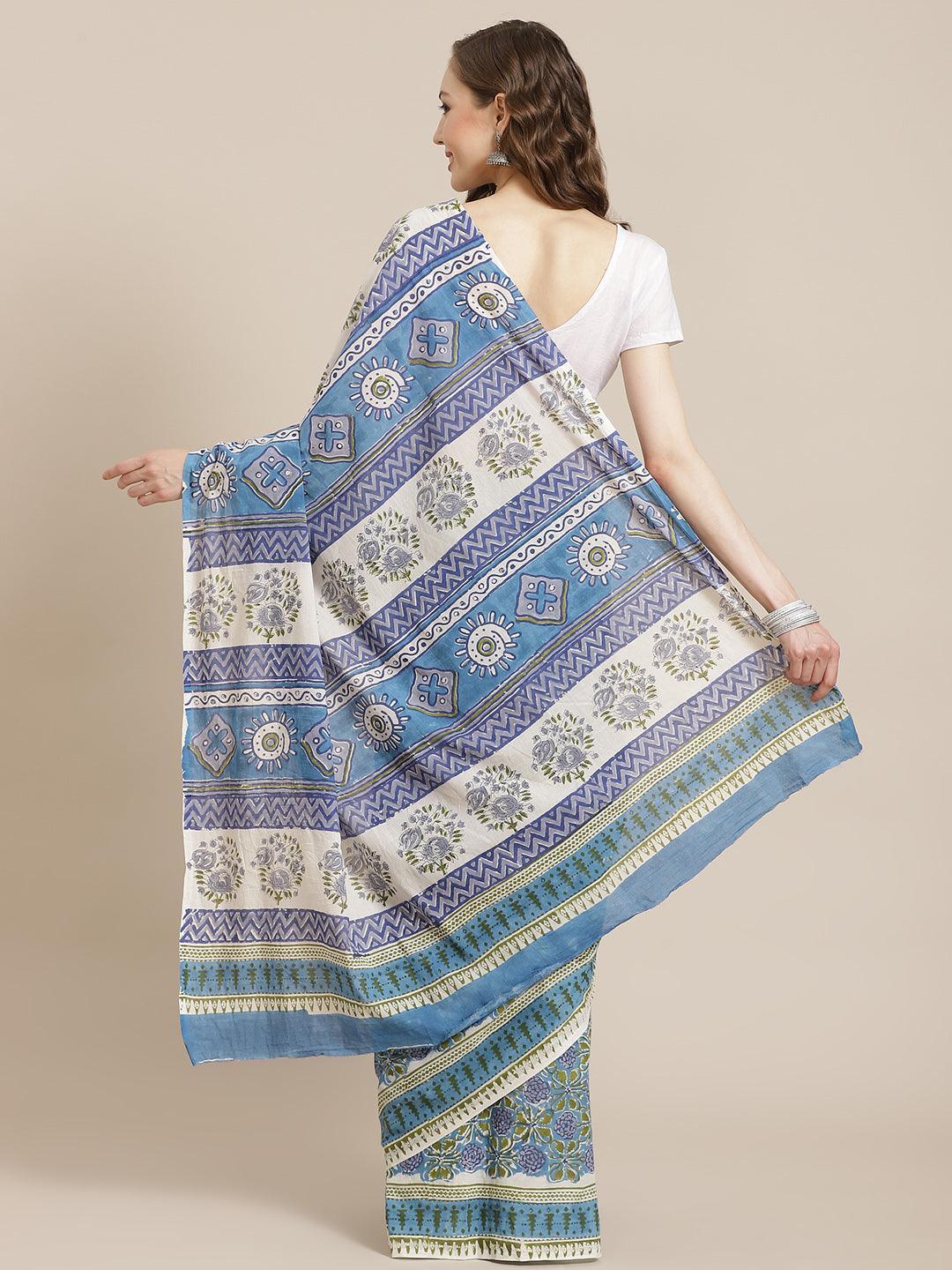 Blue Printed Cotton Saree - ShopLibas