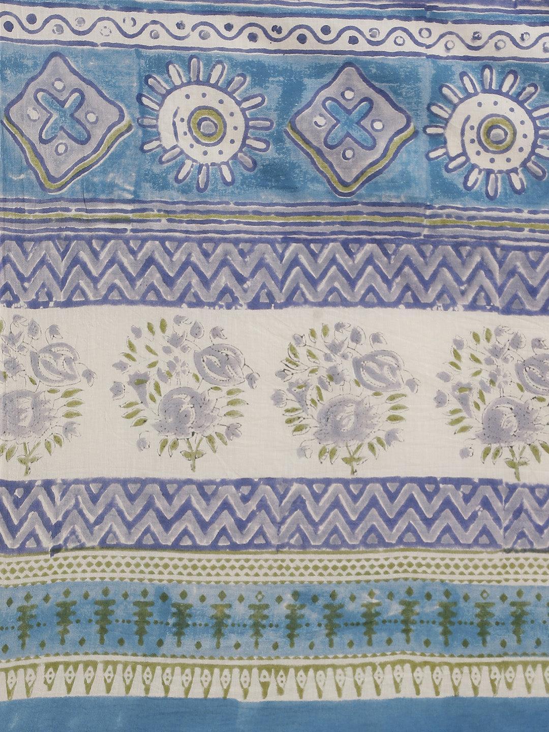 Blue Printed Cotton Saree - ShopLibas
