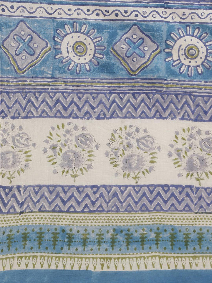 Blue Printed Cotton Saree - ShopLibas