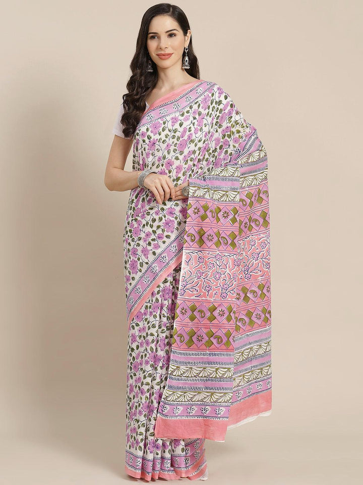 White Printed Cotton Saree - ShopLibas