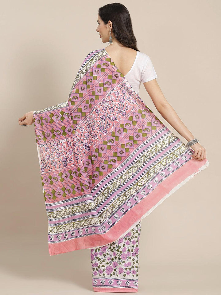 White Printed Cotton Saree - ShopLibas