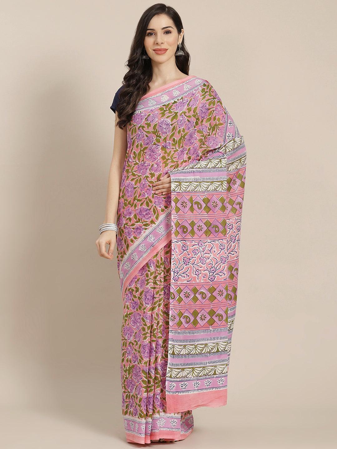 Pink Printed Cotton Saree - ShopLibas