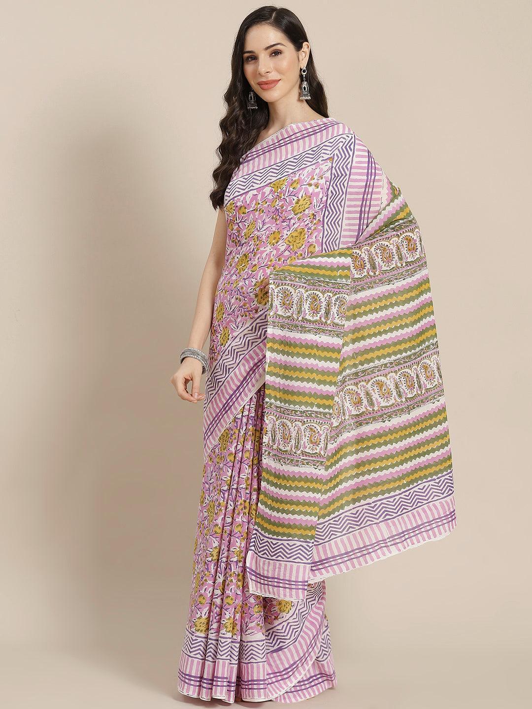 Pink Printed Cotton Saree - ShopLibas