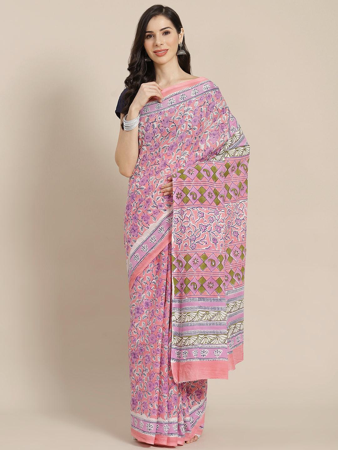Lavender Printed Cotton Saree - ShopLibas