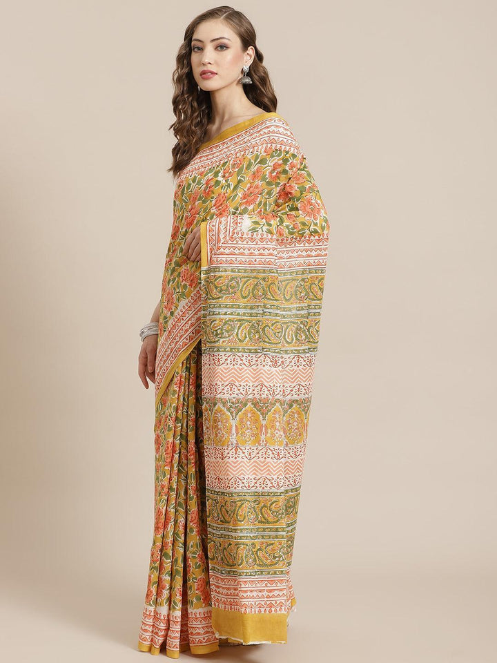 Yellow Printed Cotton Saree - ShopLibas
