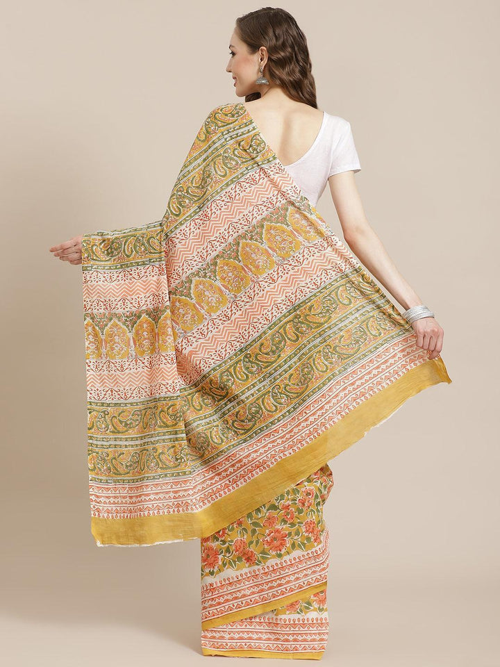 Yellow Printed Cotton Saree - ShopLibas