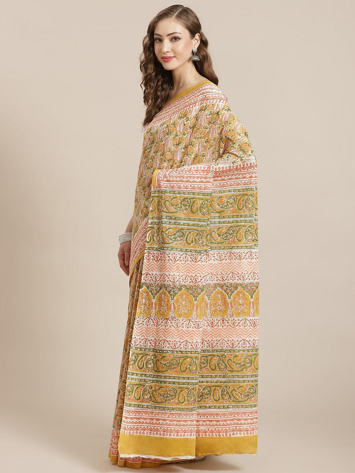 Yellow Printed Cotton Saree - ShopLibas
