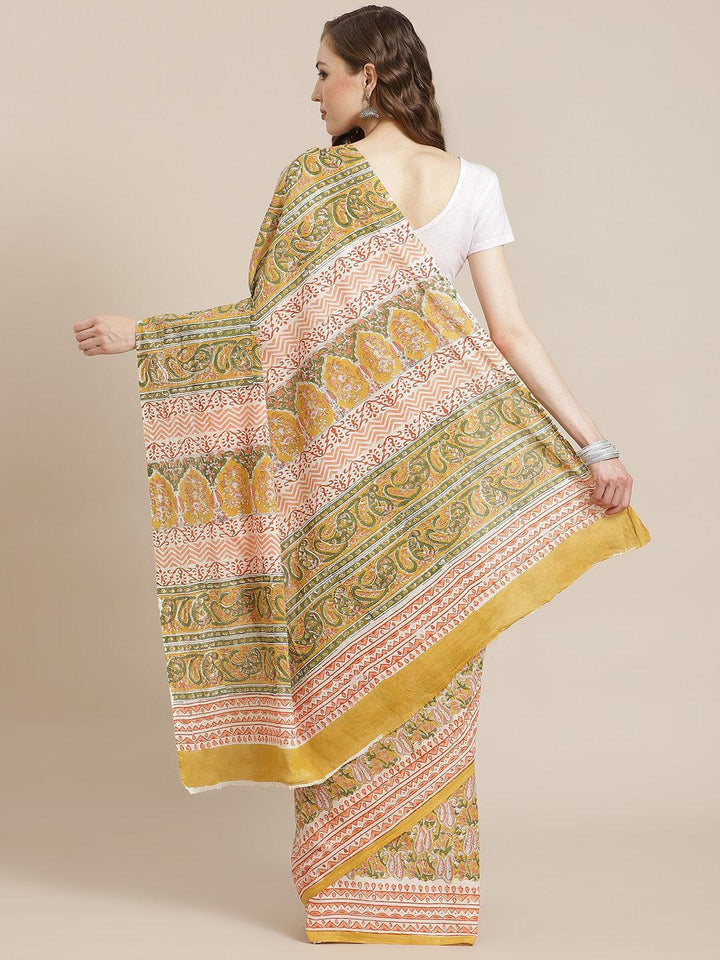 Yellow Printed Cotton Saree - ShopLibas