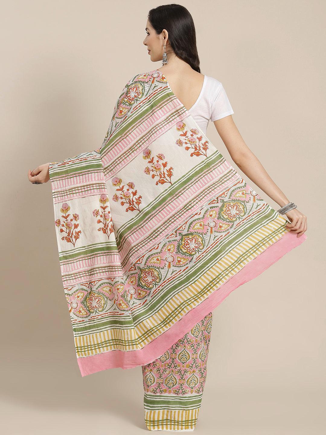 Pink Printed Cotton Saree - ShopLibas