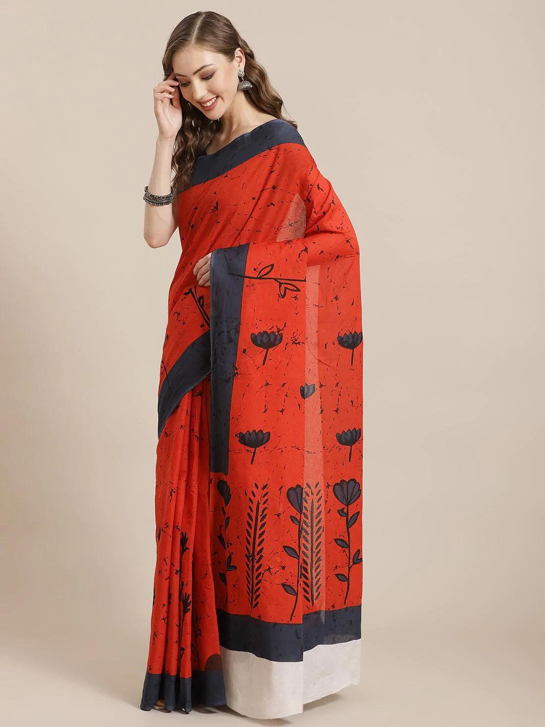 Rust Printed Cotton Saree - ShopLibas