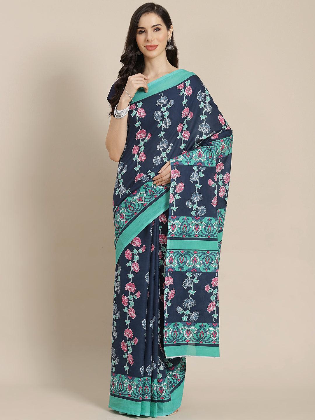 Blue Printed Cotton Saree - ShopLibas
