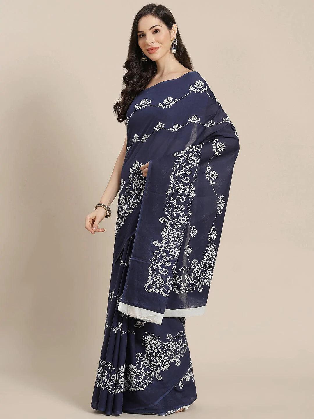 Navy Blue Printed Cotton Saree - ShopLibas