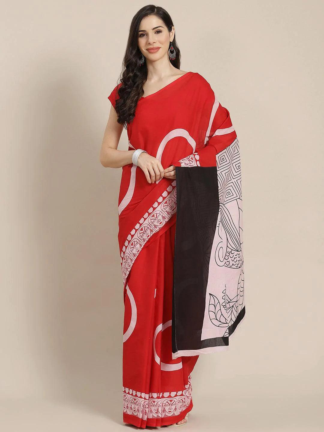 Red Printed Cotton Saree - ShopLibas