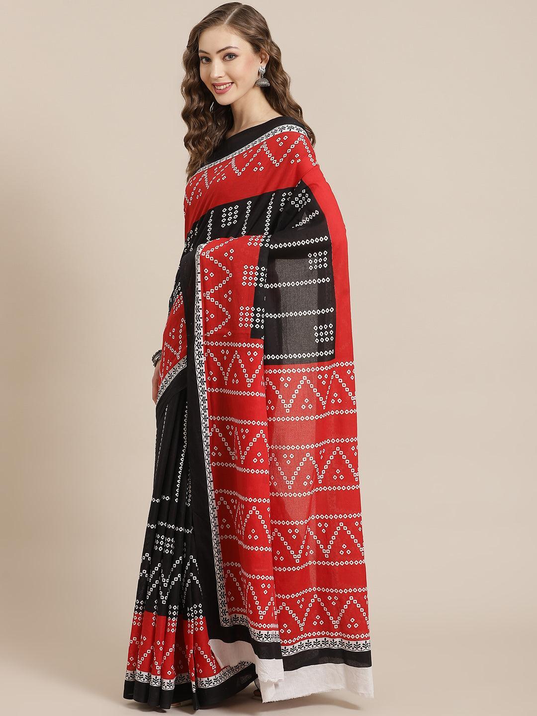 Black Printed Cotton Saree - ShopLibas