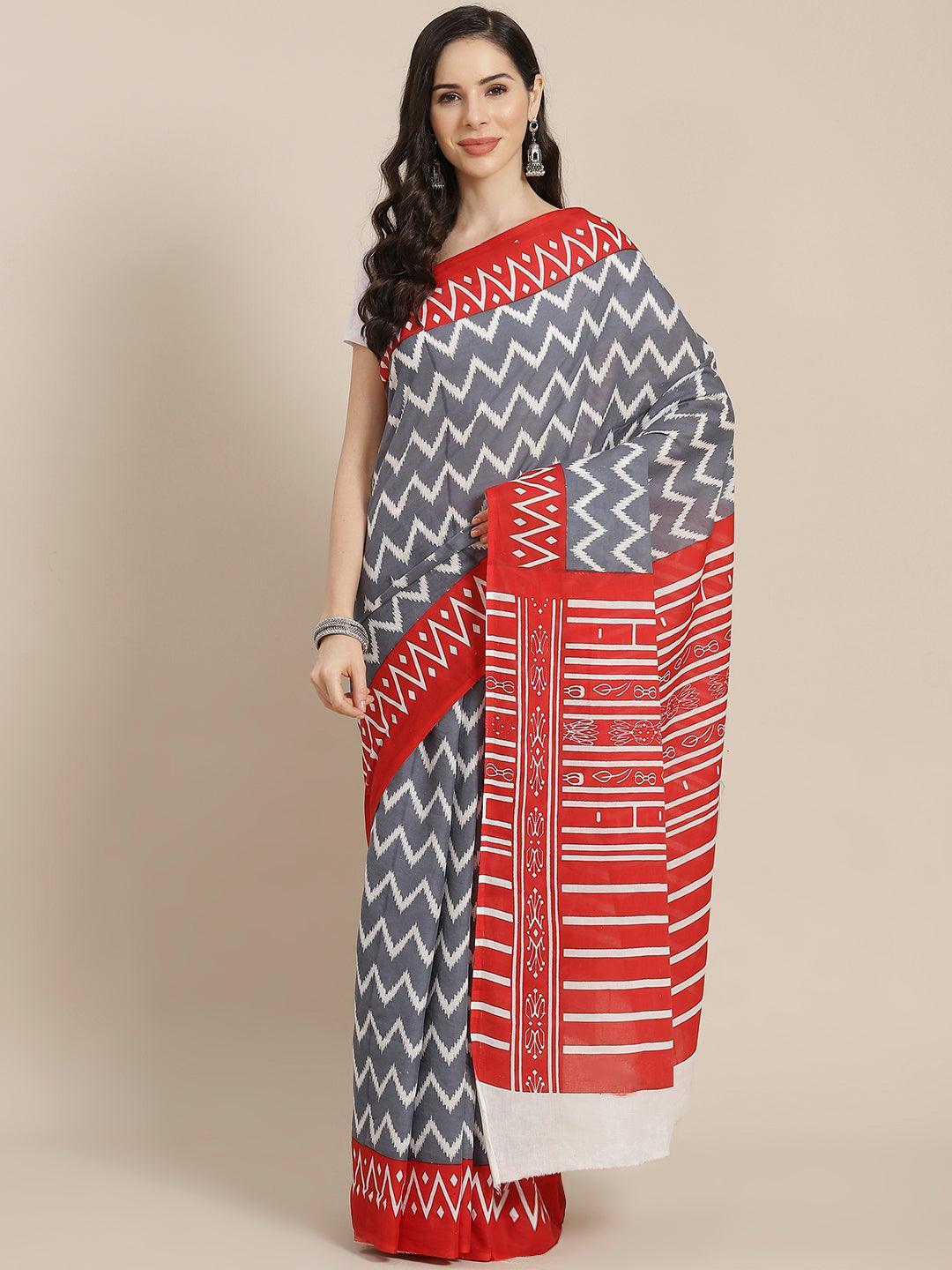 Grey Printed Cotton Saree - ShopLibas