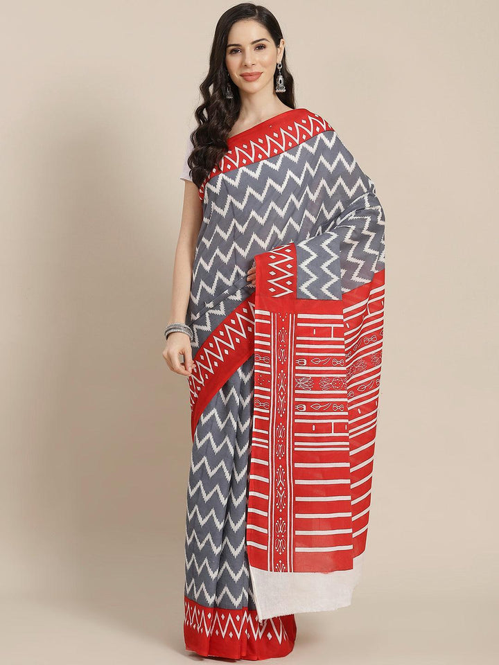 Grey Printed Cotton Saree