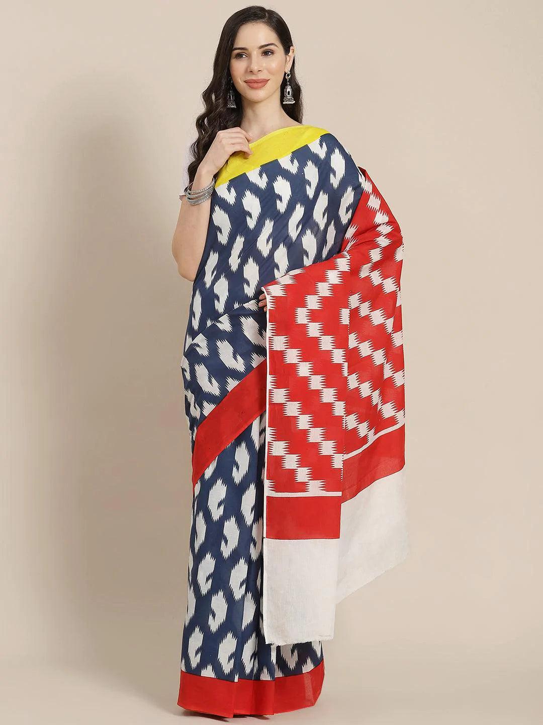 Blue Printed Cotton Saree - ShopLibas