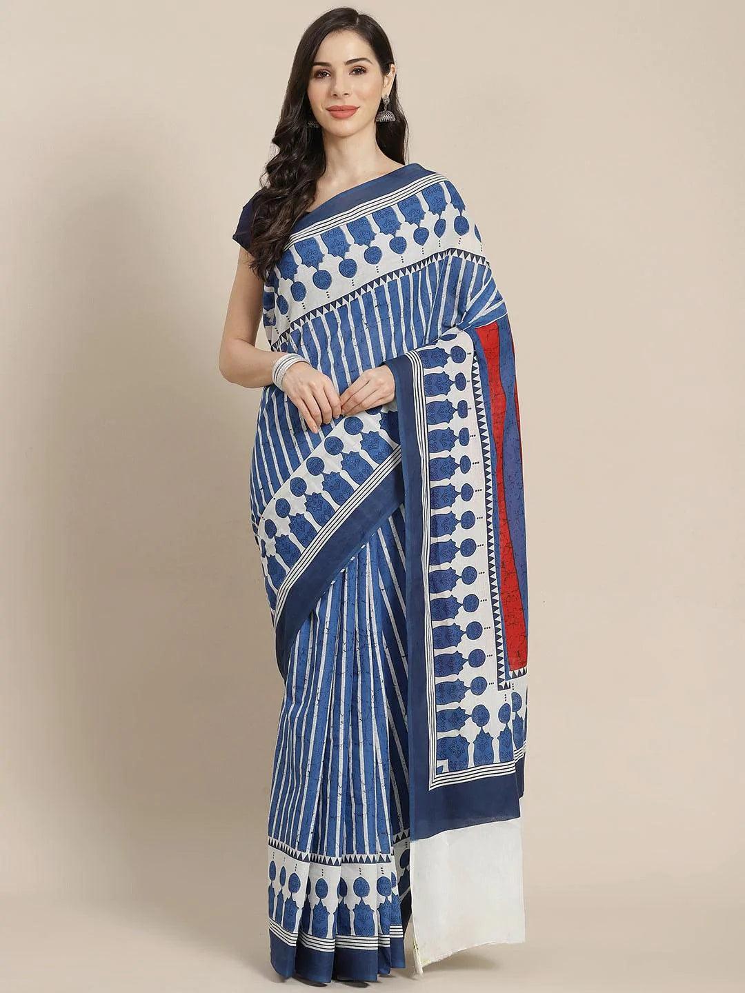 Blue Striped Cotton Saree - ShopLibas