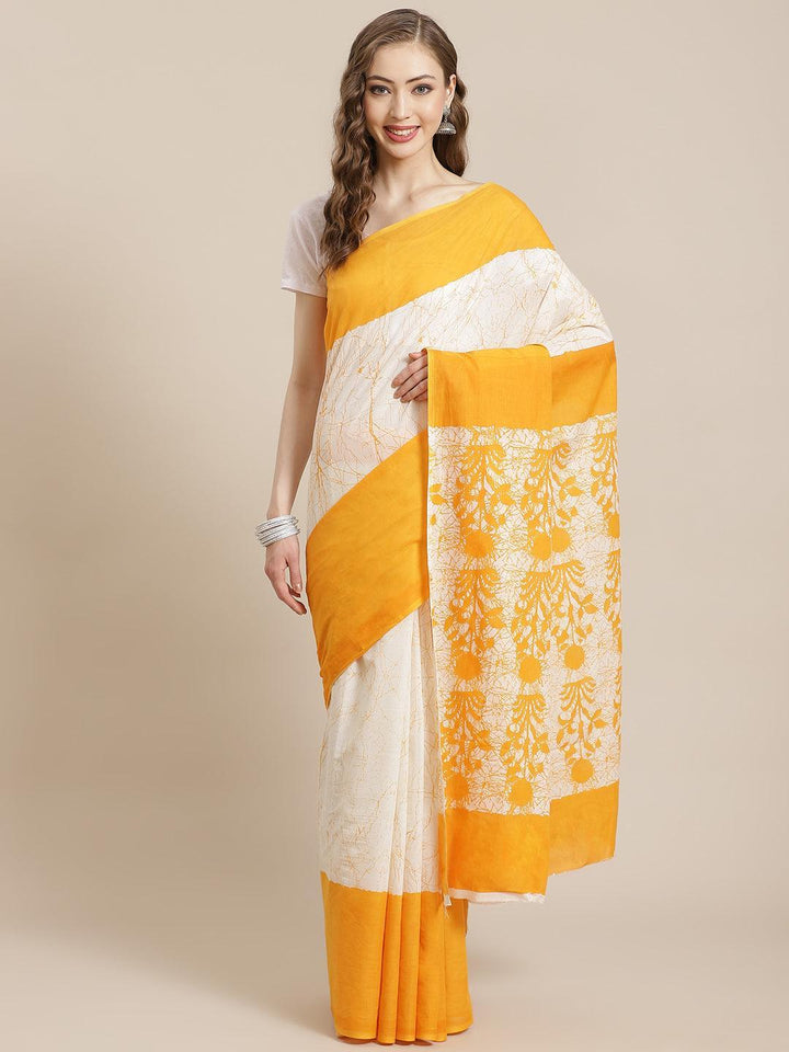Yellow Printed Cotton Saree - ShopLibas