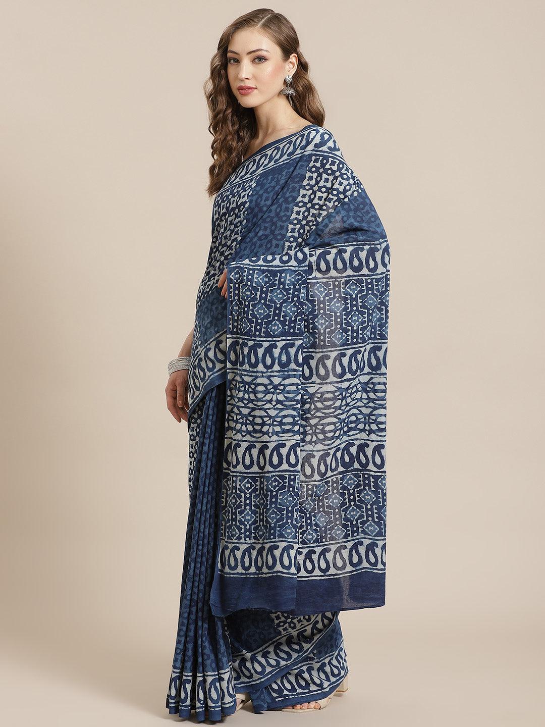 Blue Printed Cotton Saree - ShopLibas