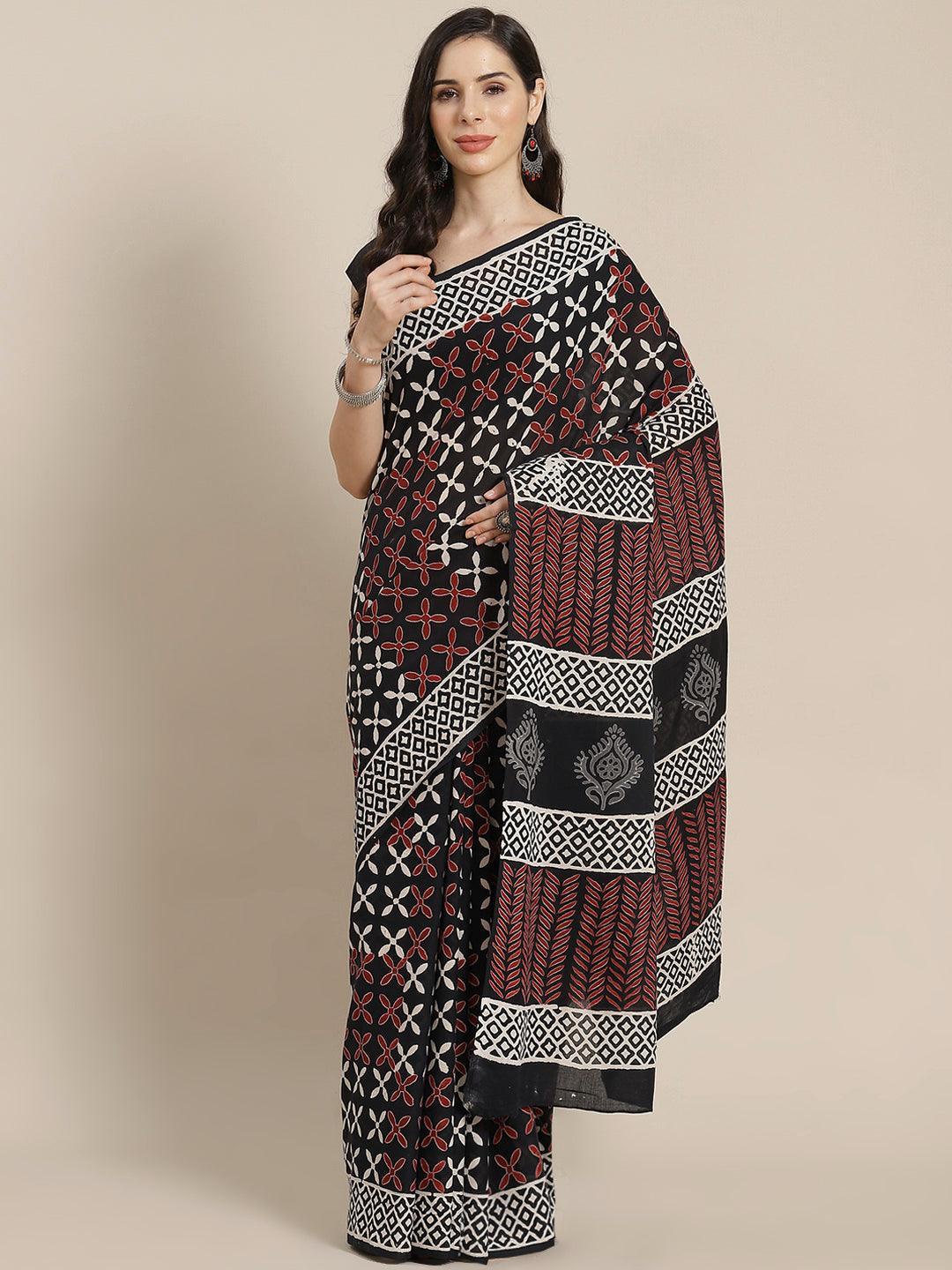 Black Printed Cotton Saree - ShopLibas