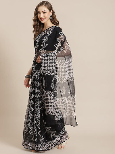 Black Woven Design Cotton Blend Saree - ShopLibas