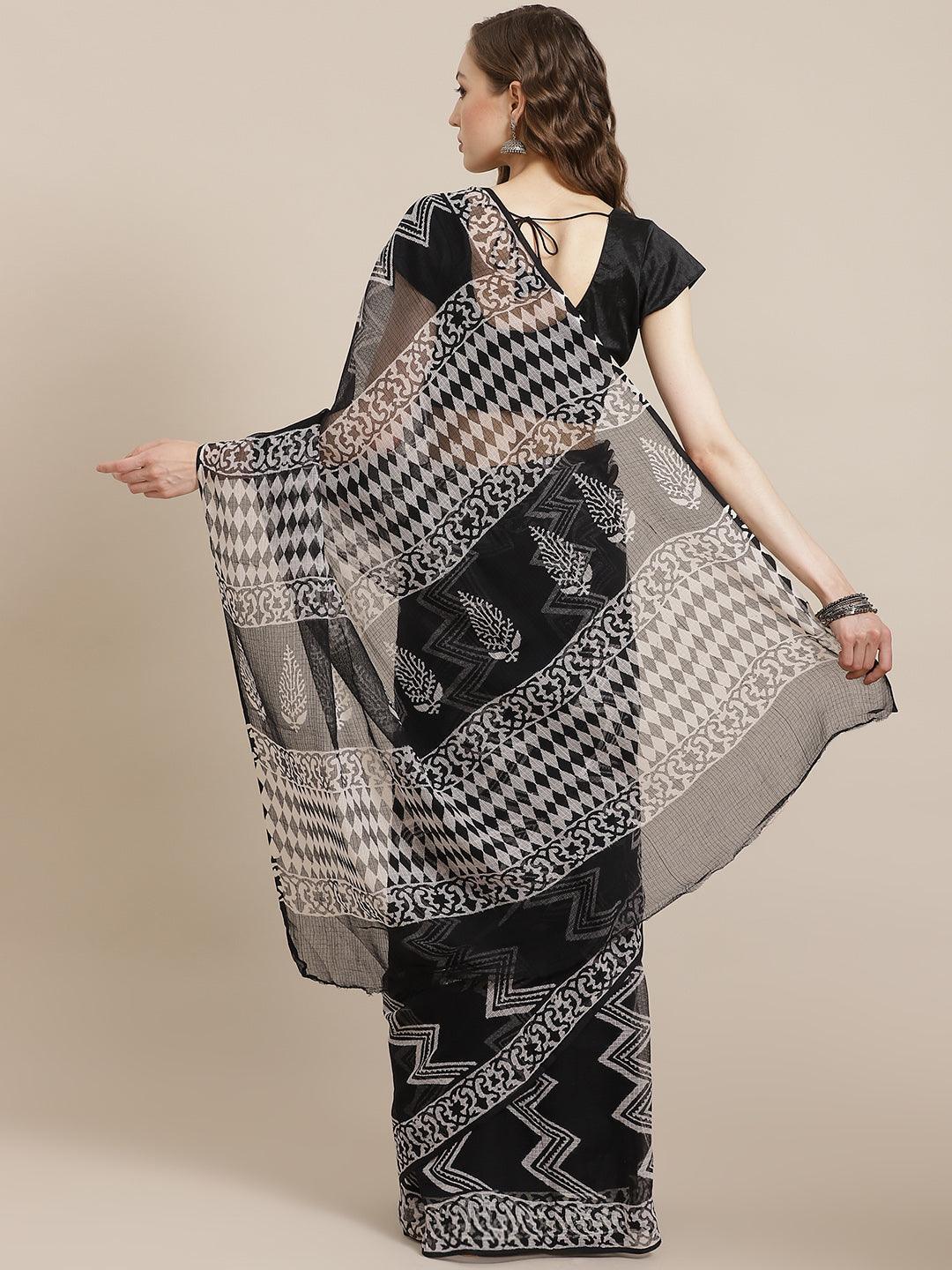 Black Woven Design Cotton Blend Saree - ShopLibas