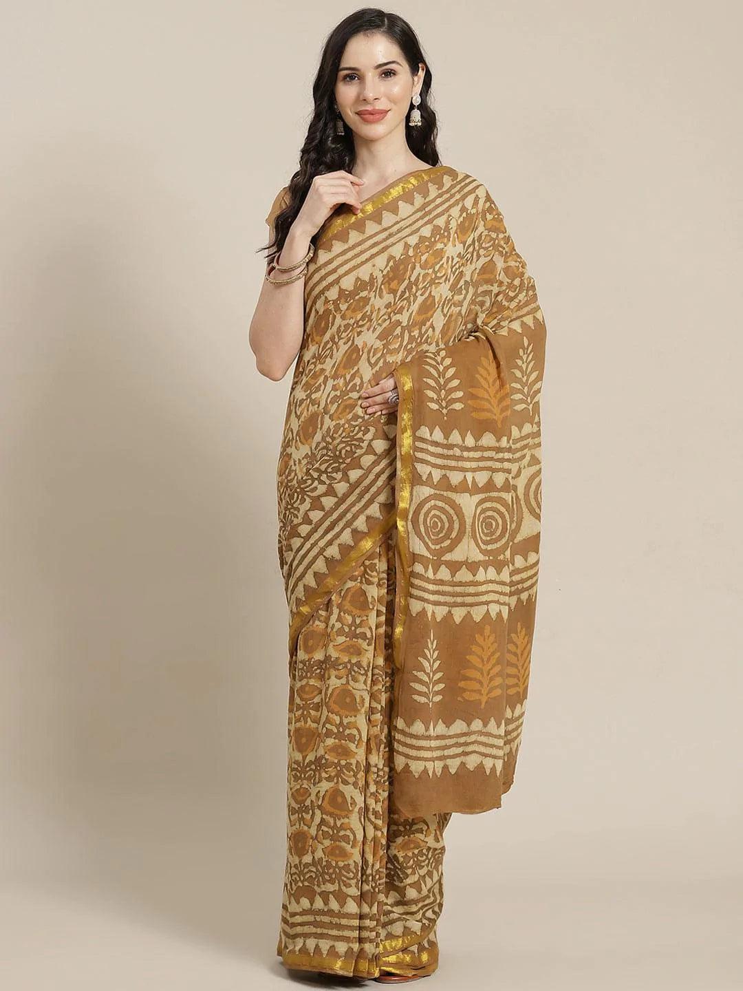 Beige Printed Cotton Saree - ShopLibas