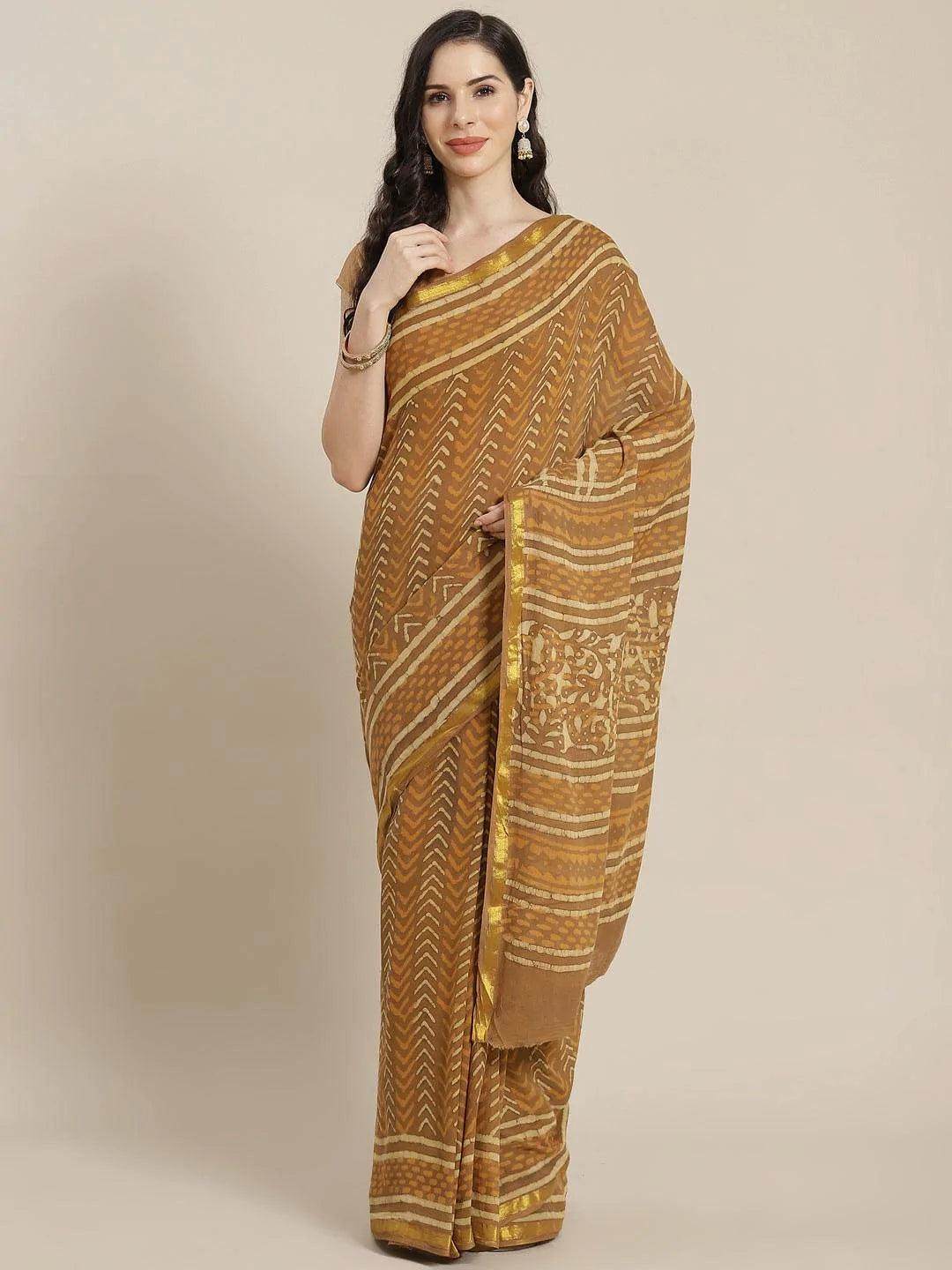 Brown Printed Cotton Saree - ShopLibas