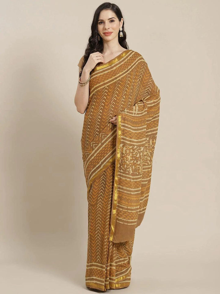 Brown Printed Cotton Saree - ShopLibas