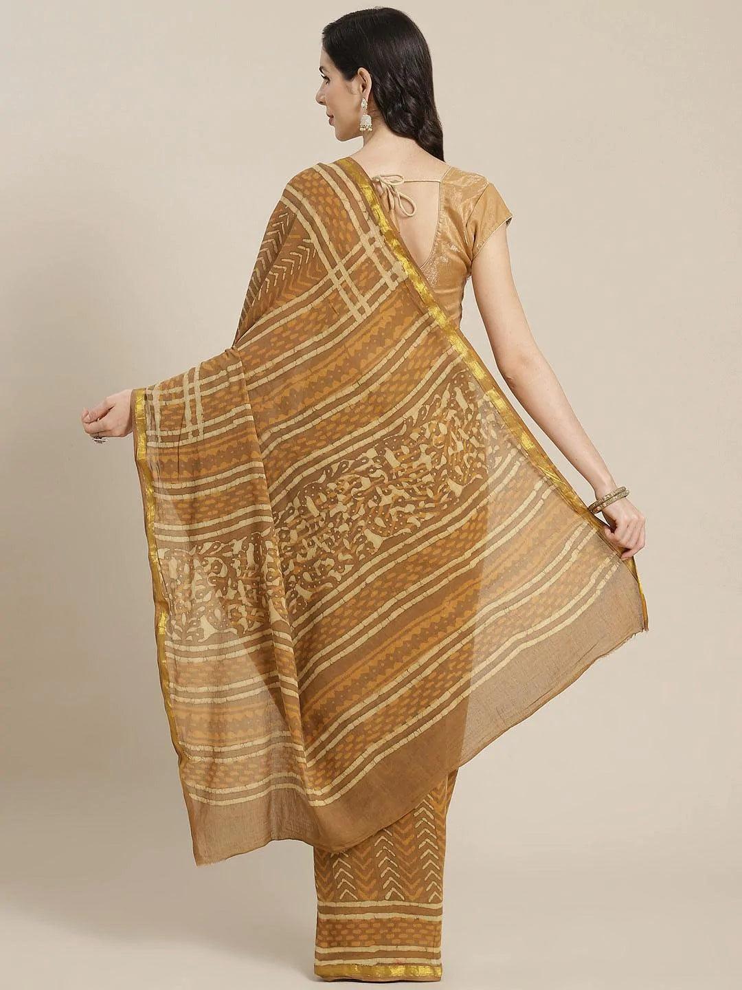 Brown Printed Cotton Saree - ShopLibas
